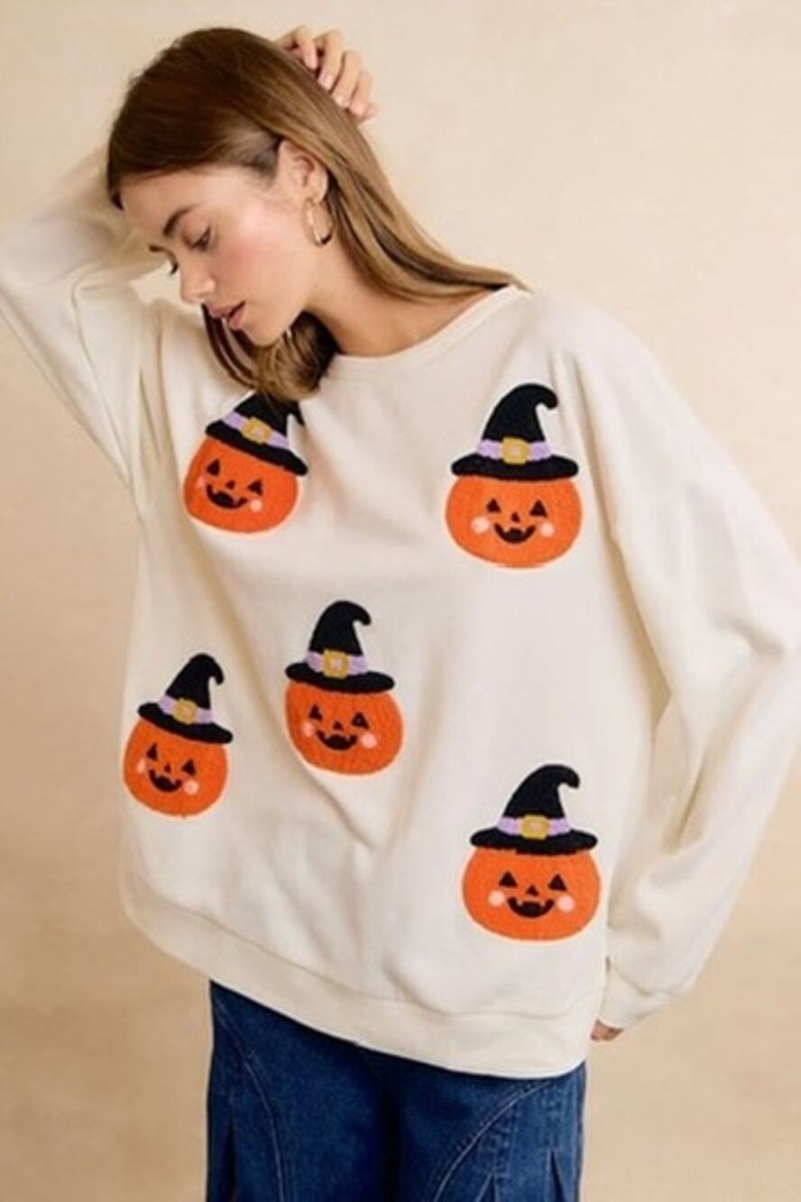 BiBi Cream Halloween Pumpkin Chenille Patch Crewneck Sweatshirt NWT